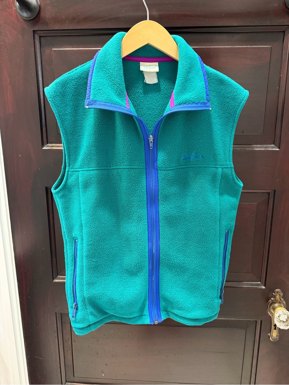 L.L. Bean Vintage Teal Fleece Vest with Blue Trim and Pink Accents